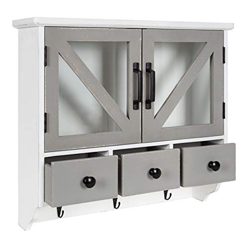 Hutchins Decorative Rustic Wood Wall Cabinet, 21" x 6" x 20", White and Gray, Farmhouse Decor Organizer with Magnetic Doors and Three Drawers