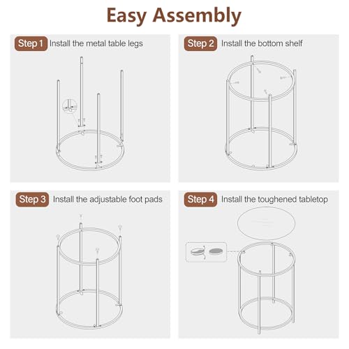Round Side Table, Modern Style Coffee Table, Sofa Table, Table with Metal Shelves and Glass Top, End Table for Living Room, Bedroom, Balcony, Patio, (H) 25.59 inch× (D) 19.69 inch, Gold