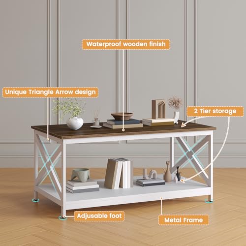Living Room Coffee Table Set of 3, Industrial X-Design Coffee Table and 2 End Side Tables, 3 Piece Living Room Table Set with Large Storage for Apartment Home (White+Walnut Brown)