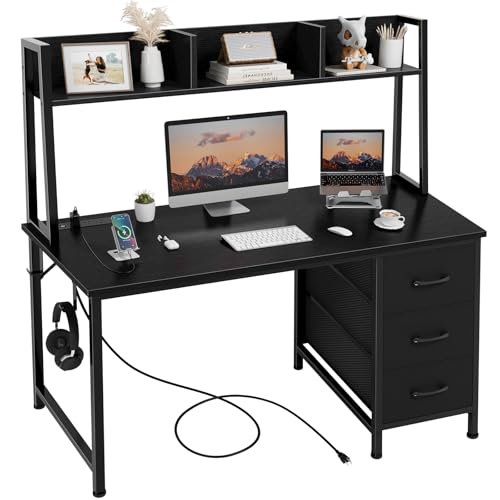 DLisiting Black Computer Desk with Hutch & Drawers - Office Desk with 3 Storage Drawers and Power Outlets, 47 Inch Modern Study Writing Desk for Bedroom Home Office