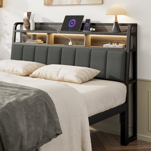 Queen Headboard Only with Storage, Charging Station, Black & Grey, view 2