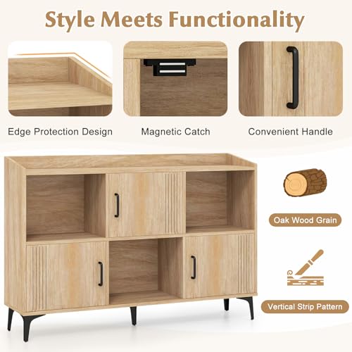 Storage Cabinet, Sideboard with 3 Doors, 3 Open Compartments, Bookcase with 5 Raised Metal Legs, Buffet Table, Bookshelf, Floor Cabinet for Living Room Display, Dining Room, Entryway, Oak
