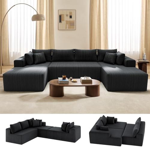 Cloud Couch U-Shaped Sectional Sofa, 134'' Modular Boneless Couches for Living Room, Corduroy Deep Seat Sofa with 2 Chaise Lounges and 1 Loveseat, 30D High-Resilience Foam, No Assembly, Black