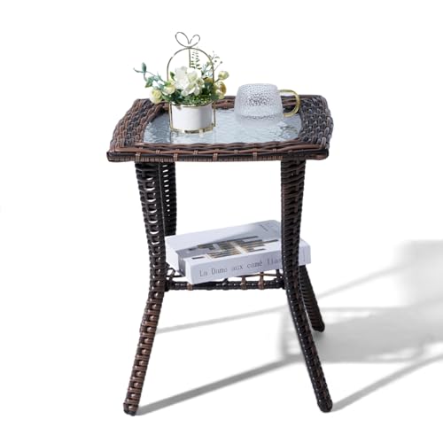 Rattan Outdoor Side Table with Glass Top & Storage Shelf | Small patio end coffee table, versatile furniture for porch, backyard, balcony and indoor living room
