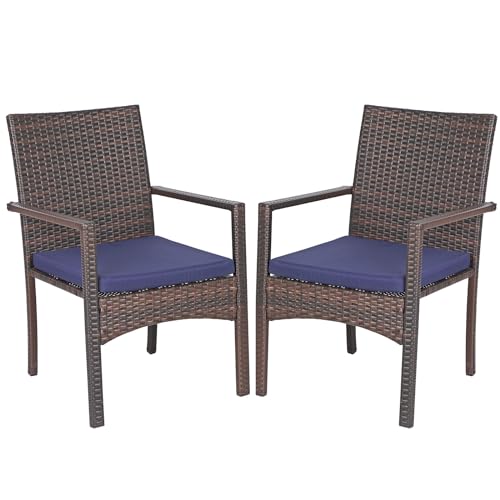 Rattan Patio Chairs Set of 2 with Cushions | 2 lightweight outdoor dining chairs, all-weather wicker, durable steel frame, comfortable cushioned seating, easy assembly.