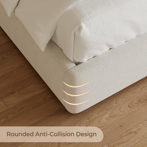 Queen Size Upholstered Bed Frame with 47" Wingback Headboard & LED Lights, Chenille Platform Bedframe with Wooden Slat Support, Non-Slip/Noise-Free/No Box Spring Needed/Easy Assembly, White
