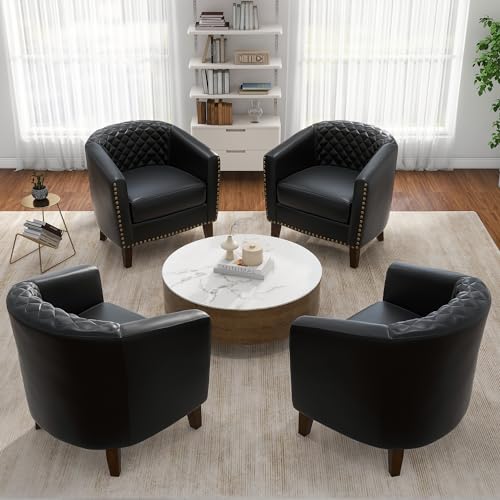 Faux Leather Barrel Accent Chairs Set of 4, Modern Club Arm Chair Comfy Upholstered Single Sofa Chair with Solid Wood Legs and Nailhead Trim for Living Room/Reading Room, Black
