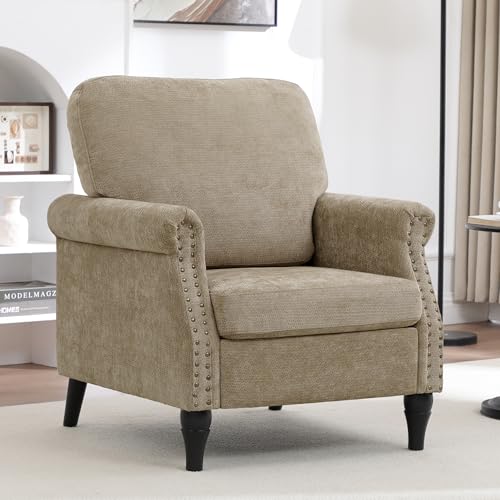 Accent Chair for Living Room, Modern Mid Century Reading Chair Armchair High Back Upholstered Armchair with Wooden Legs for Living Room Bedroom Office (Brown, 1pcs)