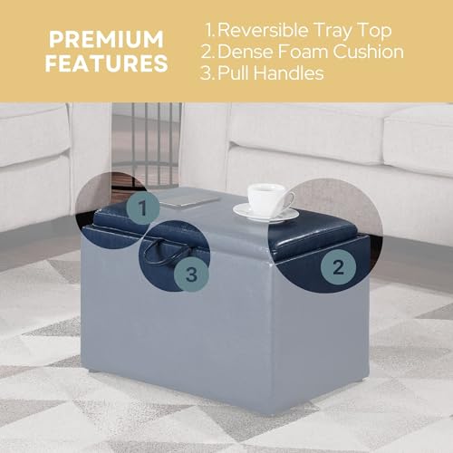 Designs4Comfort Accent Storage Ottoman 22.75" - Modern Foot Stool with Decorative Tray for Living Room, Dining Room, Office, Blue Faux Leather