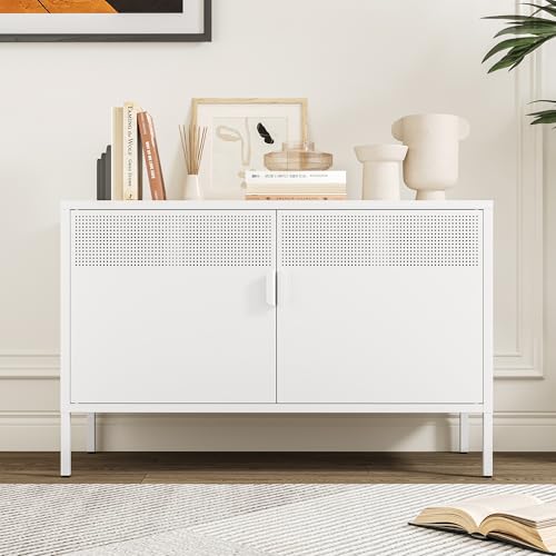 Metal Storage Cabinet with Doors, White Accent Cabinet, view 2