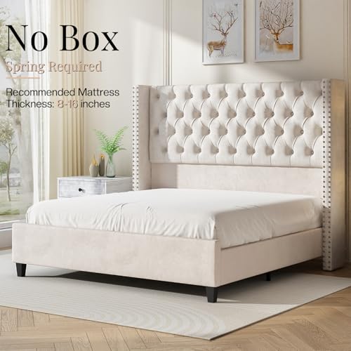 Queen Size Bed Frame Velvet Upholstered Platform Bed with 51.6" Tall Wingback Headboard Deep Button Tufted, No Box Spring Needed, Cream