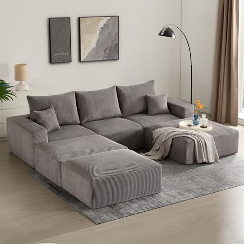 Sectional Cloud Boneless Sofa Couches for Living Room-113'' Gray 3 Seater L-Shaped Modern Lounge Couch-No Assembly Modular Corduroy Convertible Sponge Sleeper Sofas with Chaise for Home House