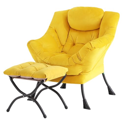 Lazy Chair with Ottoman, Yellow Modern Large Accent Armchair, Comfy Leisure Sofa Reading Chair with Footrest for Bedroom, Living Room, Dorm Rooms, Garden, Velvet Yellow