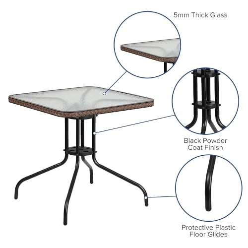 Barker 28'' Square Tempered Glass Metal Table with Dark Brown Rattan Edging