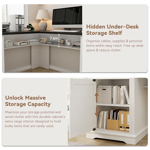 Farmhouse L Shaped Executive Desk with 4 Drawers, Home Office Desk with Hidden Under-Desk Storage Shelf and Charging Station, File Cabinet Storage, Wood Corner Computer Desk for Work(White+Black)
