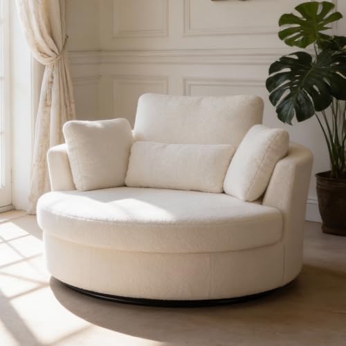 50'' W Oversized Swivel Barrel Chair, Ivory Swivel Accent Chair for Living Room, Round Oversized Arm Chair with 4 Pillows, Deep Seat & Extra Wide, Sherpa