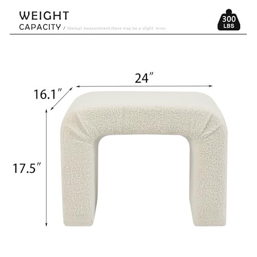 Modern Boucle Ottoman Footstool, 24" Arched Upholstered Vanity Stools for Makeup Room, Small Foot Rest for Entryway, Living Room, Bedroom (Fully Assembled),White