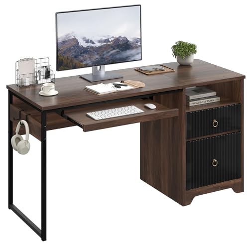 55 Inch Computer Desk with Keyboard Tray, Modern Office Desk with Storage, Wood Writing Desk with File Drawer, Fluted Panel & 2 Hooks for Home Office & Studio, Cherry