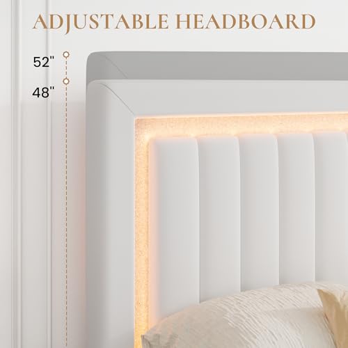 Full Size Velvet Bed Frame with LED Light, White, view 8