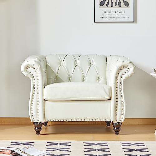 Chesterfield Chair, Modern Faux Leather Tufted Accent Sofa Couch Chair with Rolled Arms and Nailhead for Living Room, Bedroom, Office, Apartment (White)