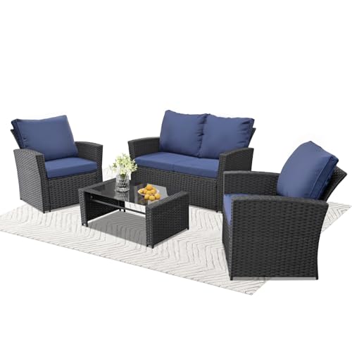 4 Piece Outdoor Wicker Patio Furniture Set, Black/Blue | Sectional Sofa | All-Weather Hand-Woven Rattan | Tempered Glass Coffee Table | Durable Fabric | Indoor & Outdoor Use