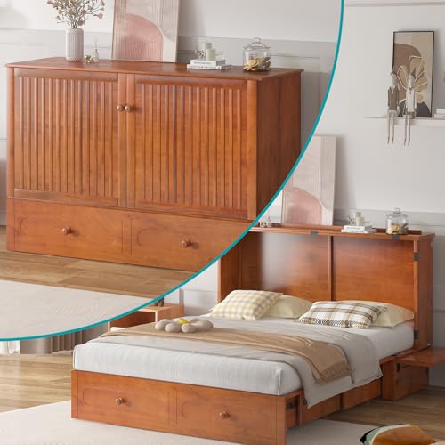 Cabinet Murphy Bed, Queen Size Murphy Chest Bed w USB Charging Station, Wall Cabinet Cube Beds with Storage Drawer, Modern Wooden Beds for Apartment Bedroom - No Mattress, Cherry