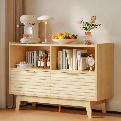 Fluted Buffet Sideboard Oak, Modern Storage Cabinet w/Cord Cutout, view 2
