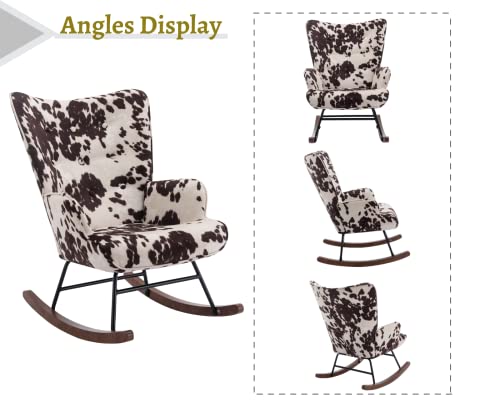 Nursery Rocking Chair Fabric Upholstered Rocker Chair Tufted Wingback Accent Chair with Wooden Base Modern Comfy Lounge Armchair for Bedroom Living Room, Cow