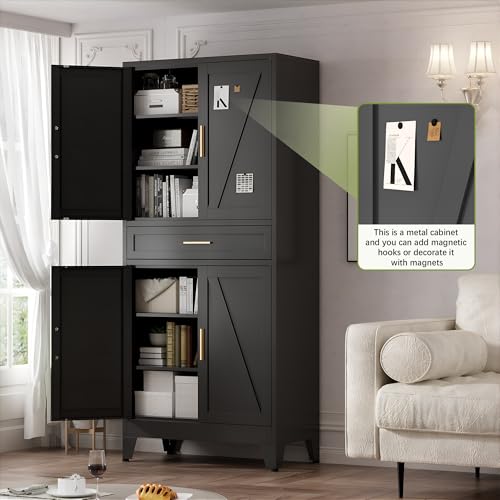 71" Tall Metal Storage Cabinet with 4 Doors and 4 Adjustable Shelves, 6-Tier Farmhouse Storage Cabinet with Drawers and Legs, for Office, Home, Garage, Gym, School, Living Room, Hallway(Black)