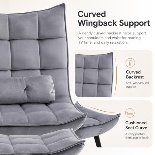 Accent Chair with Ottoman, Set of 2 Modern Velvet Wingback Reading Chair with Lumbar Pillow, Upholstered Lounge Armchair with Footrest for Living Room Bedroom Small Space, 4079 (2, Dark Grey)