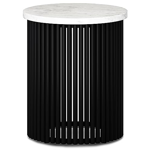 Demy Metal Accent Table - 18 in Wide Solid Metal Round Side Table with White Genuine Marble Top and Black, End Table for Living Room with Compact Design, Assembled