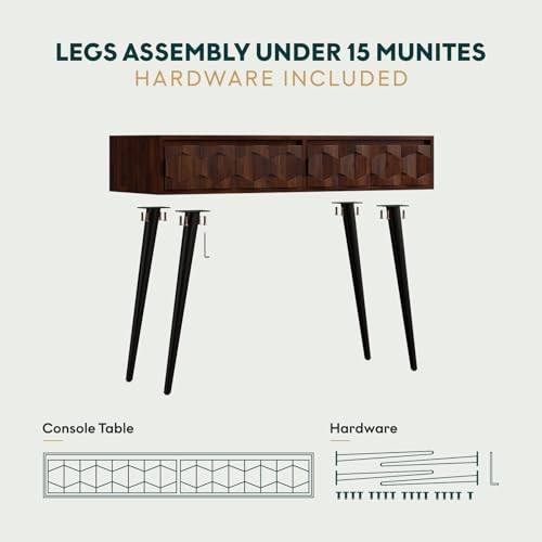 Console Modern Mid-Century 2 Drawers, Unique Geometric Design Sofa Table for Entryway, Hallway, Living Room, Walnut