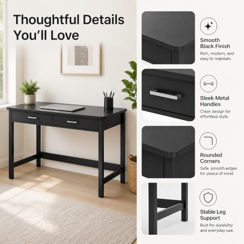39.4" Small Desk with Wood Drawers, Home Office Computer Desk with Wooden Legs, view 8