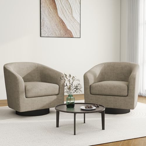 Swivel Barrel Accent Chair, Modern Round Linen Arm Chair for Living Room, Bedroom, Comfy Club Reading Chairs for Adults(Linen Fabric, Light Brown, Set of 2