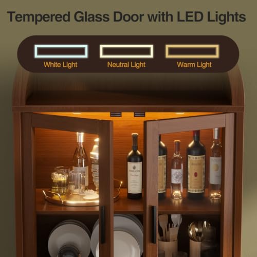 Kitchen Pantry Cabinet with Glass Doors - Arched Design, Metal U Legs, Artistic Slatted Door, Adjustable Shelves, 78.4" Curved Storage Cabinet for Kitchen, Dining Room