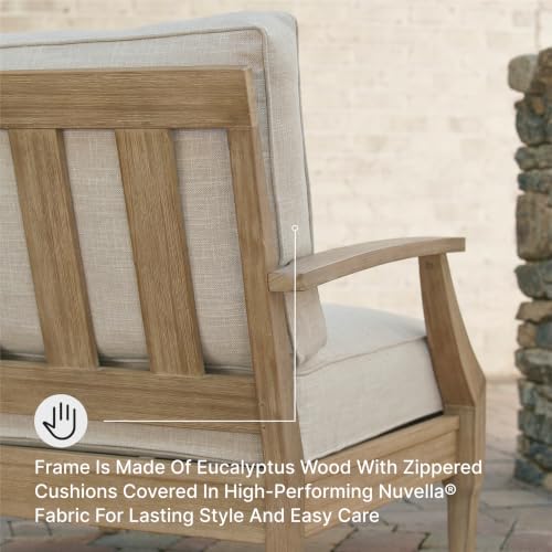 Signature Design by Ashley Clare View Outdoor Lounge Chair, Eucalyptus Wood Frame, 5-Step Protective Finish, Nuvella Fabric Cushions for Patio Seating, 30" W x 35" D x 32" H, Beige