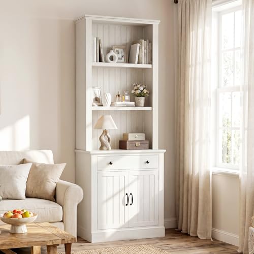 80" Tall Bookshelf with Drawer and Doors, Rustic White Bookcase, view 8