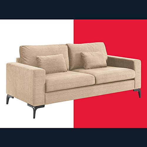 Tommy Hilfiger Austin Upholstered Sofa, Contemporary Square Arms Living Room Couch for Small Space, Plush Cushions, Wooden Frame and Legs, American Cream