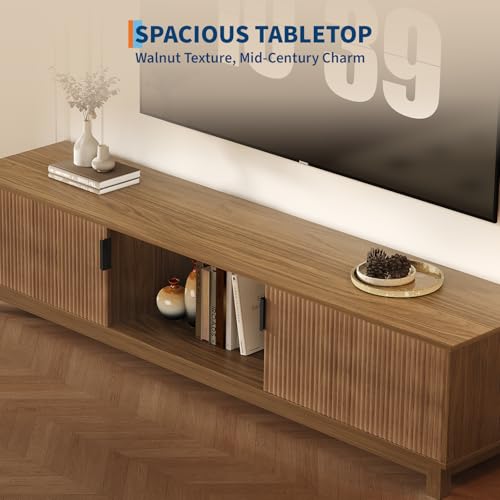 70" TV Stand for Living Room, Mid Century Modern Fluted Media Console Brown, view 8