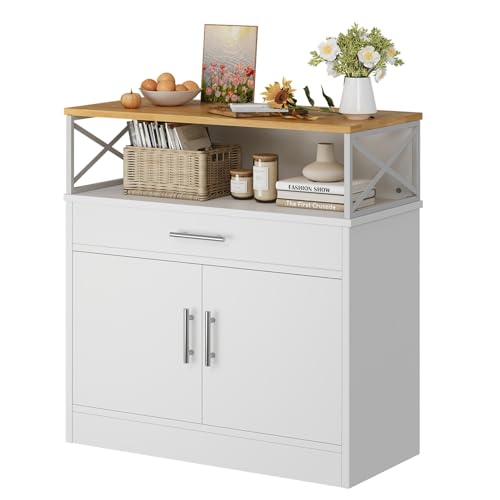 Coffee Bar Cabinet, Farmhouse Kitchen Storage Cabinet with Adjustable Shelf, 31“ Modern Sideboard Buffet Table for Kitchen, Dining Room, White