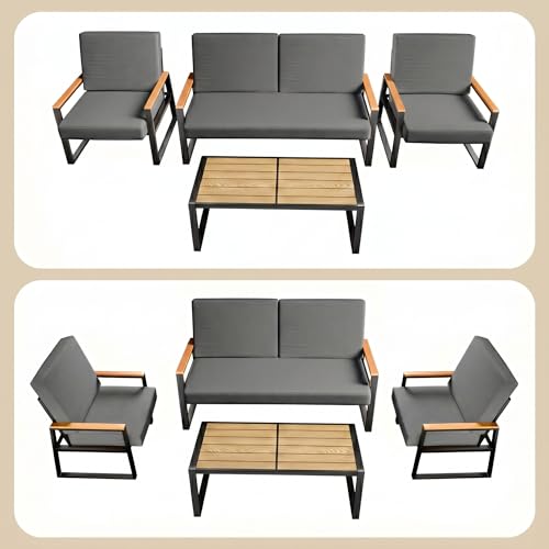 4-Piece Outdoor Patio Furniture Set with Coffee Table and Removable Cushions, Metal Patio Conversation Set for Family, Yard, Poolside (Gray)