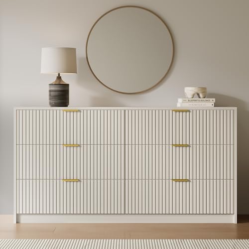 55" Wide Fluted 6-Drawer Double Dresser for Bedroom, Beige, view 8