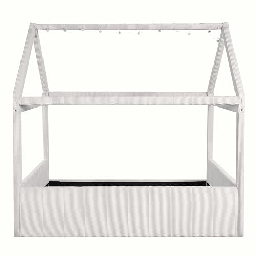 Full Size Upholstered House Bed for Kids, Montessori Floor Bed with LED Light Strips, House Floor Bed Frame with Wooden Slats Support, No Box Spring Needed,Beige