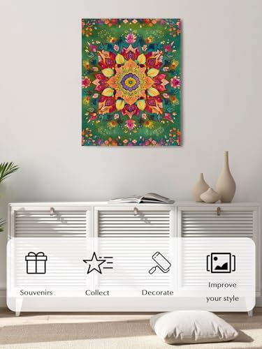 NuYeBiofx Boho Colorful Flower Canvas Wall Art Prints,48"x32" Framed Picture Artwork Farmhouse Blossom Floral on Green Printed Canvas Oil Painting for Living Room Bedroom Office,Ready to Hang