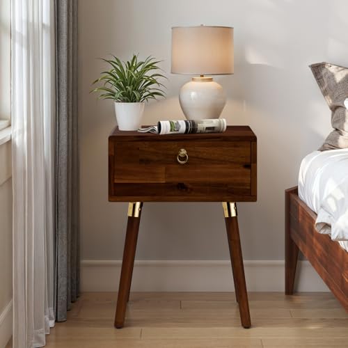 Dark chocolate solid wood mid century nightstand with drawer, view 2