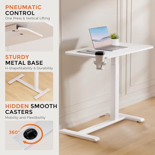 Small Standing Desk with Hidden Wheels, Pneumatic Mobile Rolling Laptop Desk, Adjustable Height Overbed Bedside Table Computer Workstation for Home Office (32" W x 16" D, White)