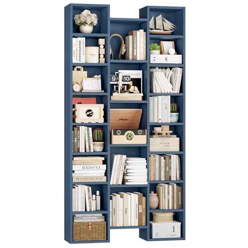 71'' Tall Bookshelf with 21 Cubes, 8 Tier Triple Wide Bookshelf with 8 Adjustable Shelves, 35" Large Bookcase DVD/CD Media Tower Storage, Freestanding Display Shelf Cabinet, Blue