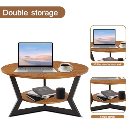 Round Coffee Table, Wood Circle Coffee Table with 2-Tier Storage, Center Table for Living Room Bedroom Office Apartment, Easy Assembly, 35'x 18' Inches, Espresso