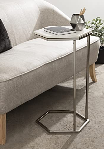 Trillion Modern C-Table; 16 x 14 x 28; Silver; Chic Marble Accent End Table with Geometric Hexagon Top