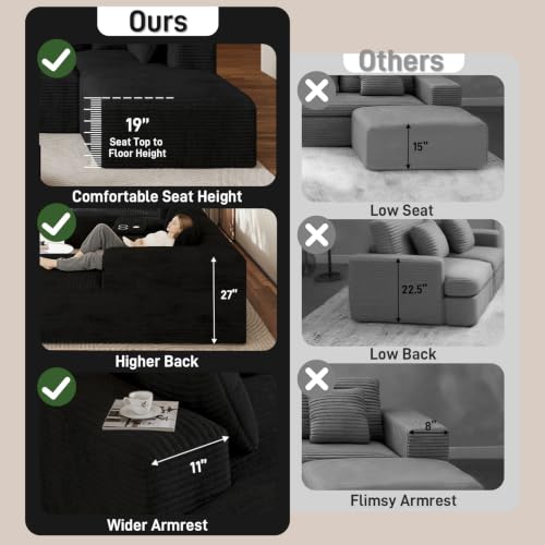 143" Oversized U Shaped Cloud Sectional Couches for Living Room, Comfy Fluffy Corduroy Black Boneless Couch, Large Modular Sectional Sofa Set with Chaise, Cup Holder, USB Port, Storage Console